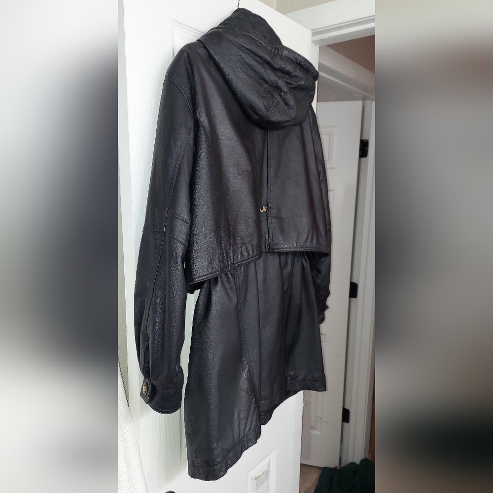 ☆VINTAGE 90's☆ Leather Hooded Midi Jacket w/ Gold Hardware Women's Size XL Coat - Picture 11 of 11